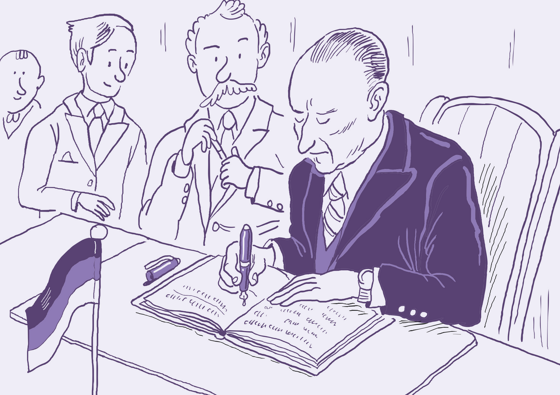 Illustration von Konrad Adenauer beim Unterzeichnen des Grundgesetztes 1949.