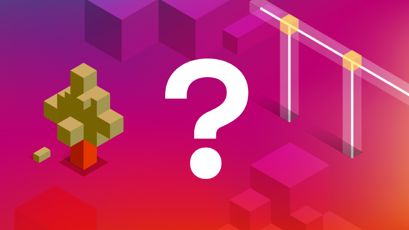 Fragezeichen vor Minecraft-Baustein und verbindenden Linien.