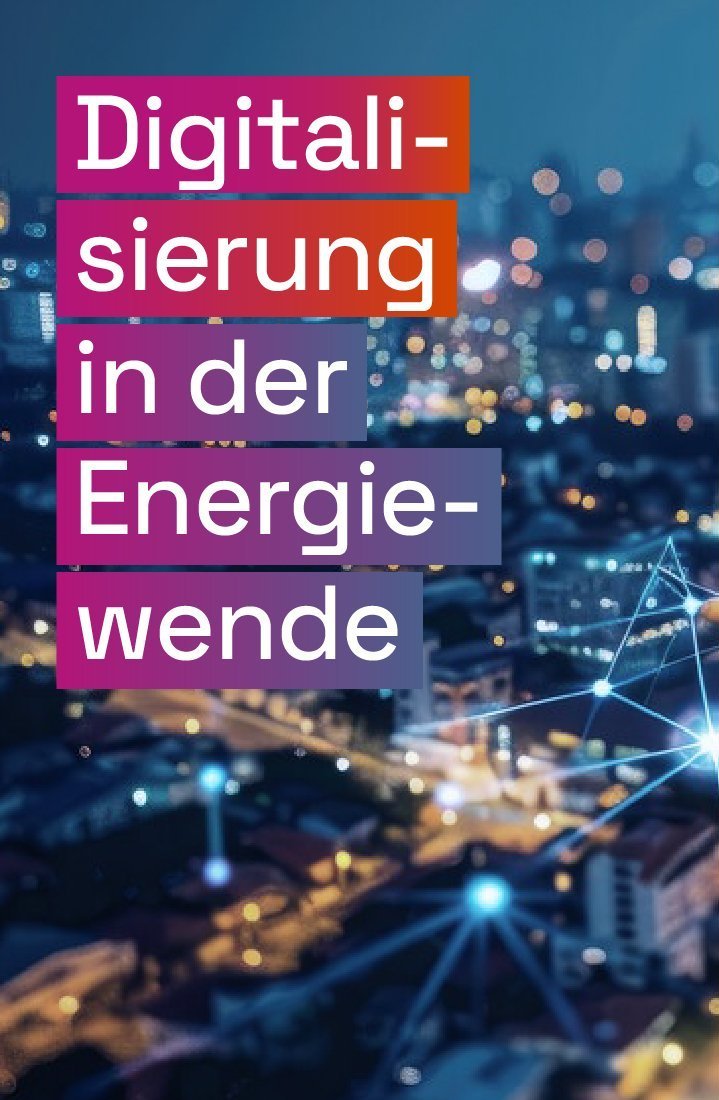 Leuchtende Linien und Knotenpunkte über einer Stadt, darüber der Text „Digitalisierung in der Energiewende“.