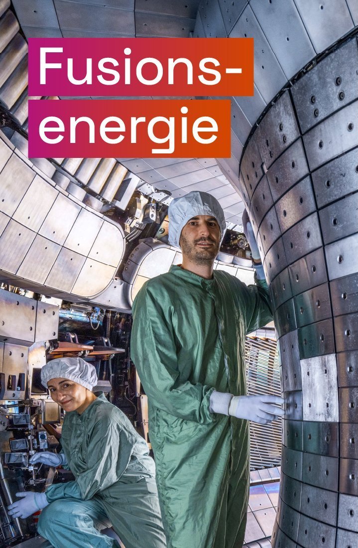 Forschende innerhalb des Plasmagefäßes von ASDEX Upgrade am Max-Planck-Institut, darüber der Text „Fusionsenergie“.