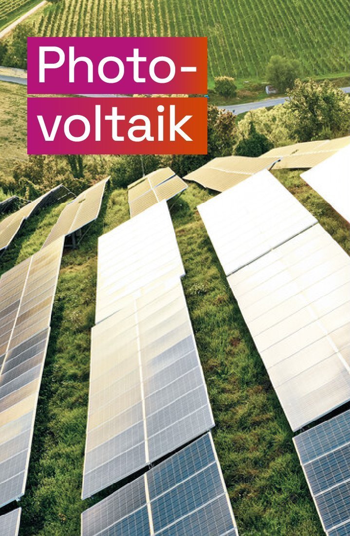 Sonnenkollektoren an einem Hang, darüber der Text „Photovoltaik“.