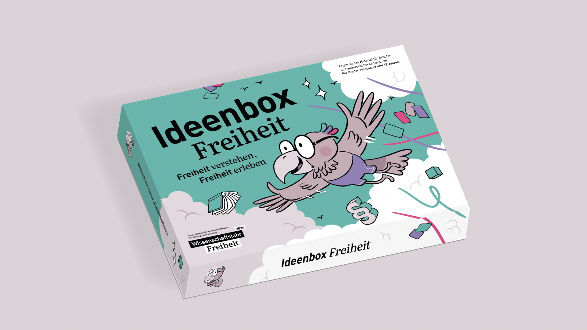 Box mit der Aufschrift "Ideenbox Freiheit" und eine Zeichnung von Adler Nino.