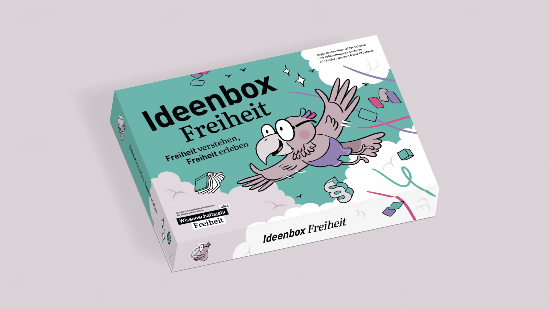 Box mit der Aufschrift "Ideenbox Freiheit" und eine Zeichnung von Adler Nino.