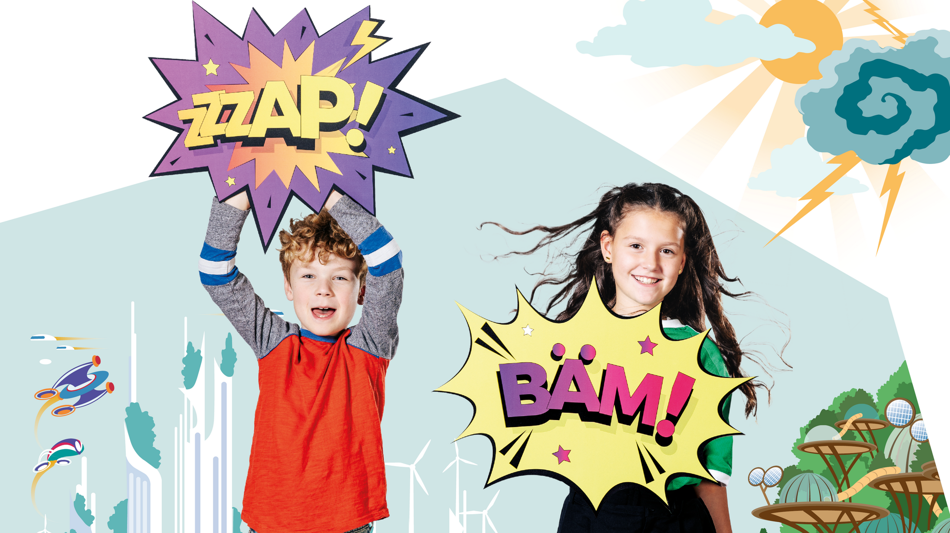 Collage mit zwei Kindern mit comichaften Schildern vor einem futuristischen Hintergrund.
