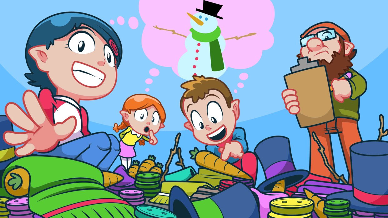 Vier illustrierte Figuren mit Möhren, Knöpfen, Zylindern und einem Schneemann