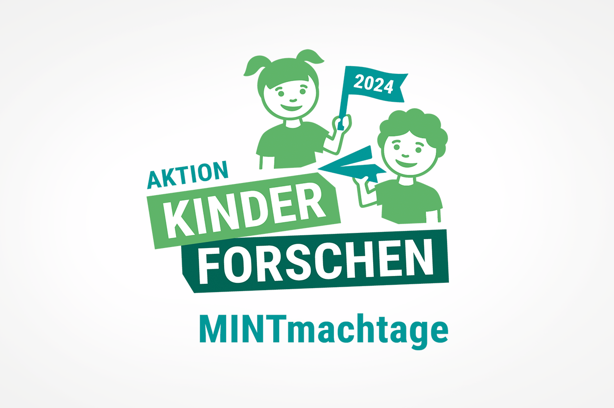 MMT_Logo_Farbe Schriftzug "Stiftung Kinder Forschen" mit der Unterschrift "MINTmachtage", darüber eine Zeichung von zwei Kindern.