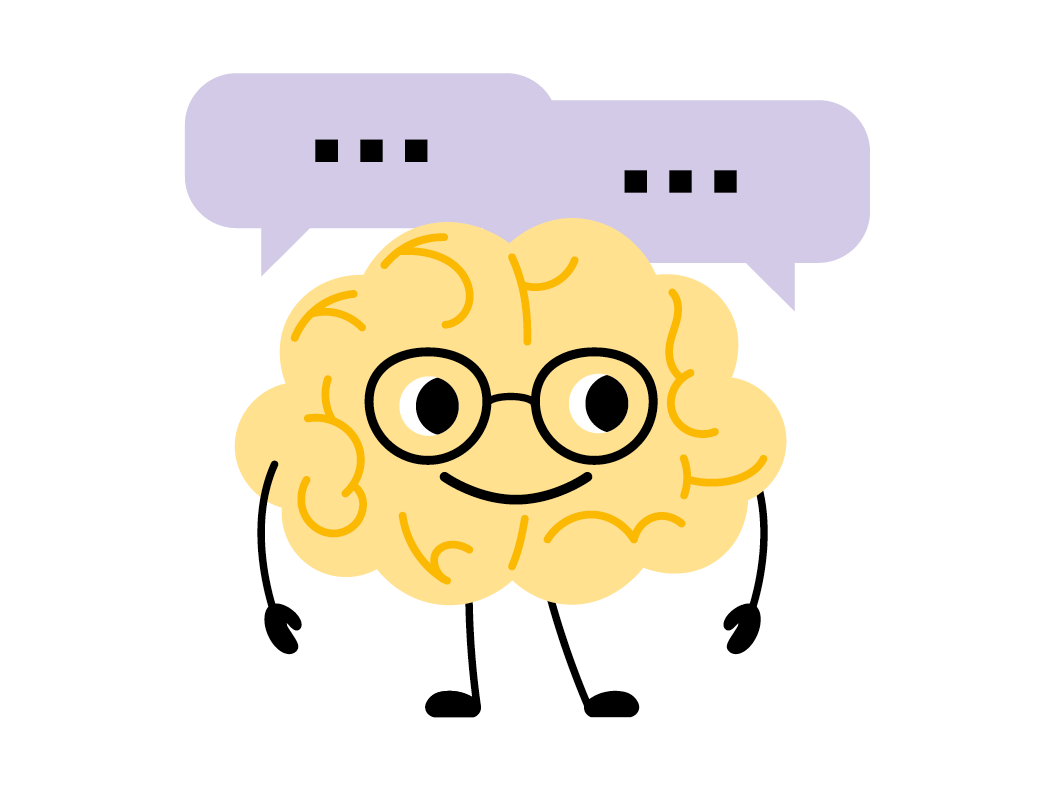 Illustration eines Gehirns mit Augen, Brille, Mund und zwei Sprechblasen