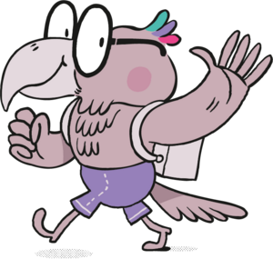 Illustration von Adler Nino mit Brille und Schulranzen. Er winkt freundlich.