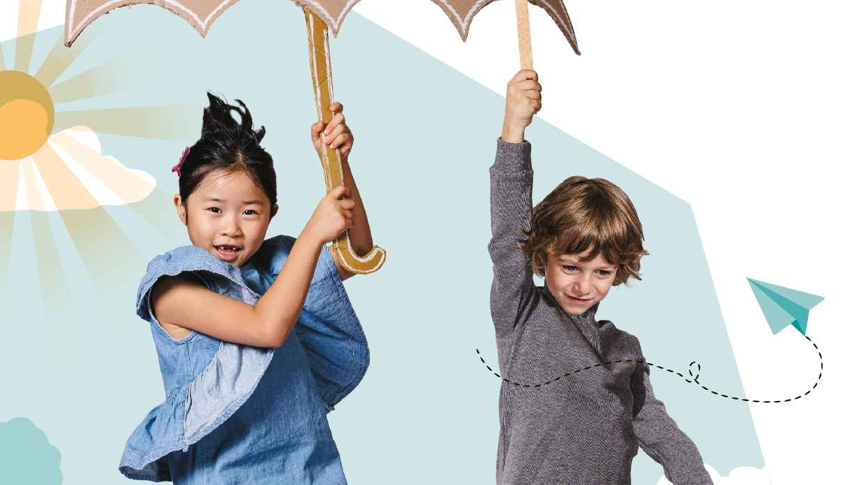 Collage mit zwei Kindern unter einem Regenschirm.