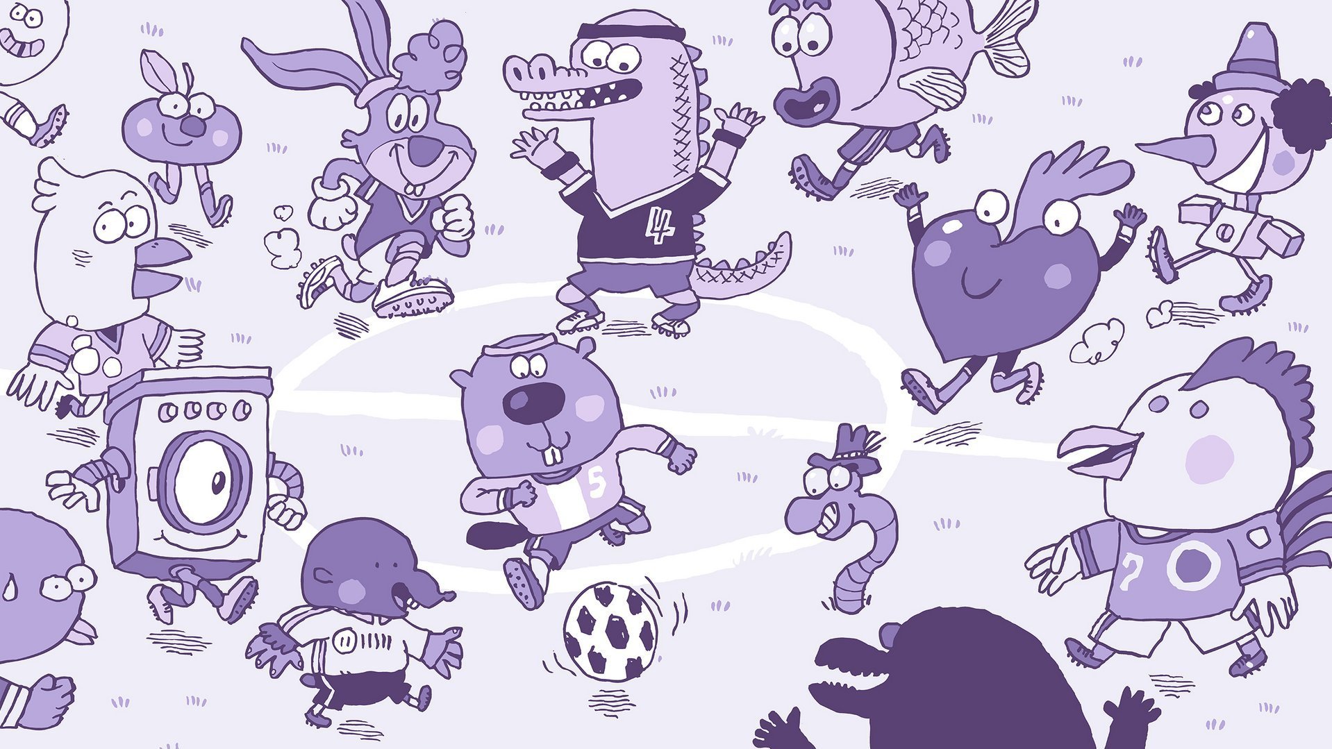 Illustration vieler verschiedener Maskottchen, die zusammen Fußball spielen.