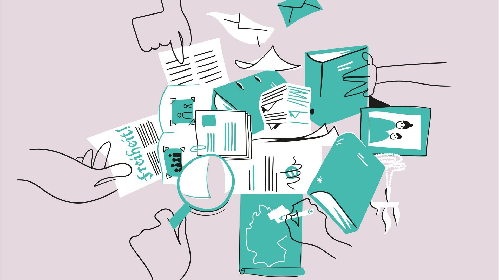 Illustration von Händen, die Papiere, Karten und Bücher untersuchen.